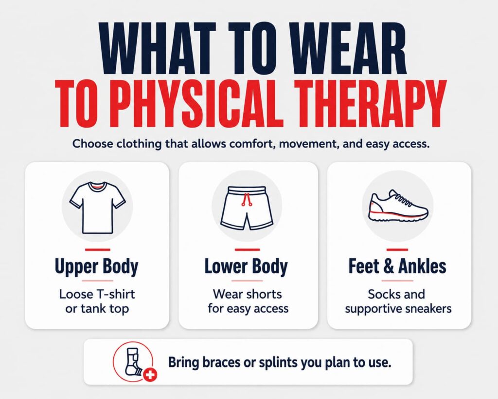Infographic titled “What to Wear to Physical Therapy.” It recommends a loose T-shirt or tank top for upper-body therapy, shorts for lower-body therapy, and socks with supportive sneakers for foot or ankle therapy. It also reminds patients to bring any braces or splints they plan to use.