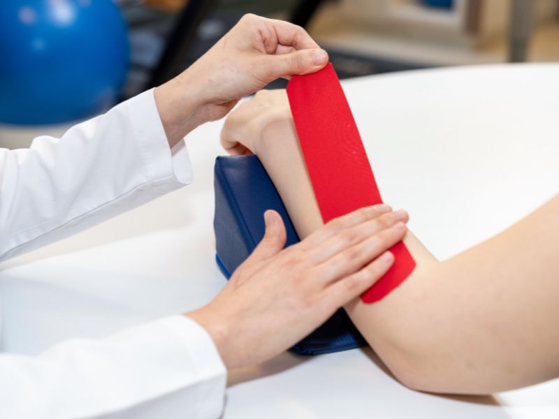 Man feeling lower back pain or spine pain while sitting on workout bench in fitness gym. Male athlete getting Physical Therapy for Lower Back Pain