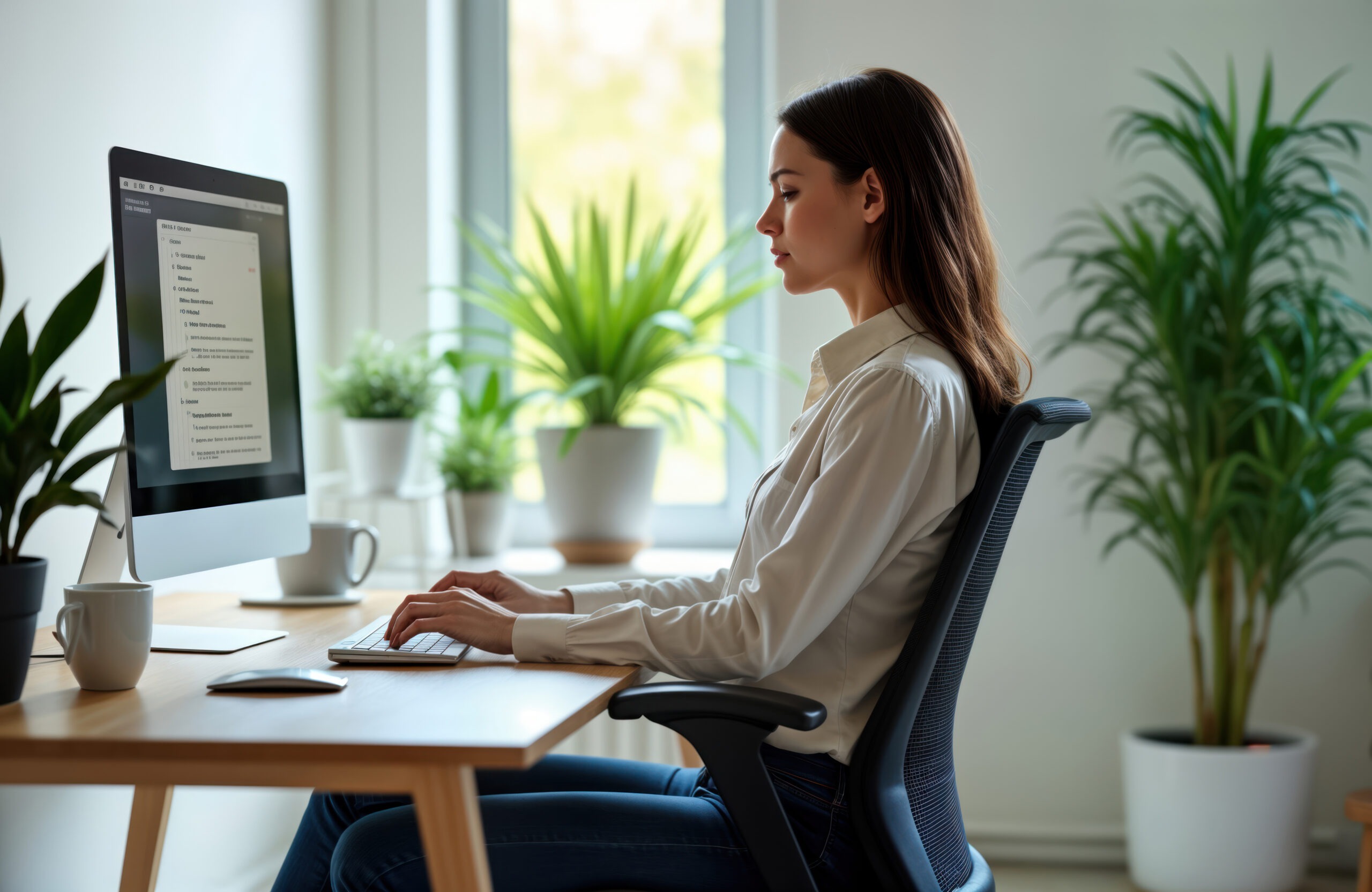 Young woman sits at modern office desk. Keeps good posture at work while working on computer. Indoor office setting. Plants visible. Focus on comfortable work environment productivity. Modern office scene.