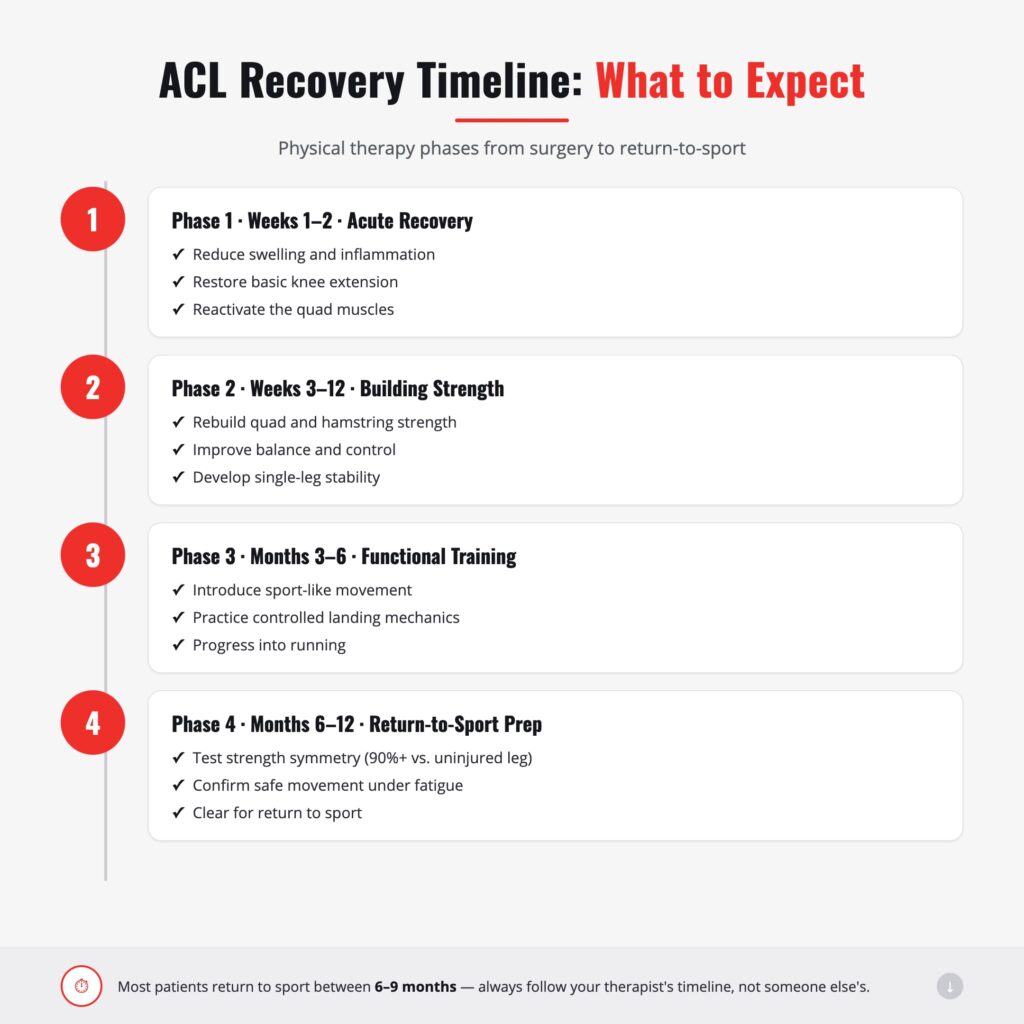 ACL recovery timeline showing physical therapy phases from surgery to return to sport. Phase 1, weeks 1 to 2, acute recovery: reduce swelling and inflammation, restore basic knee extension, and reactivate the quad muscles. Phase 2, weeks 3 to 12, building strength: rebuild quad and hamstring strength, improve balance and control, and develop single leg stability. Phase 3, months 3 to 6, functional training: introduce sport-like movement, practice controlled landing mechanics, and progress into running. Phase 4, months 6 to 12, return to sport prep: test strength symmetry at 90 percent or better versus the uninjured leg, confirm safe movement under fatigue, and clear for return to sport. Most patients return to sport between 6 and 9 months, but timelines should always follow the treating therapist's guidance rather than a general average.